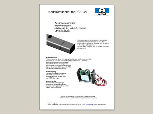 Nödströms batteri för DFA 127, Datablad.