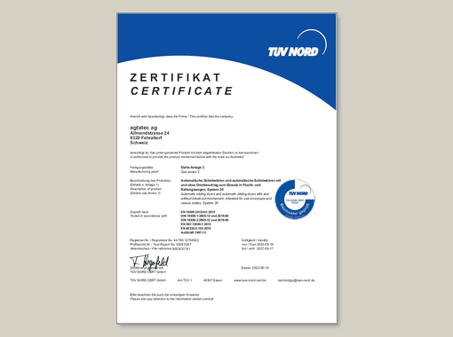 TÜV NORD certificate for automatic sliding doors, System 20
