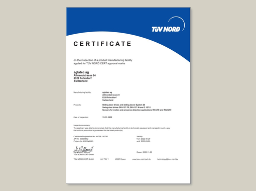 TÜV certificate product manufacturing facility agtatec ag